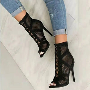 New Fashion Show Black Net Fabric Cross Strap Sexy High Heel Sandals Woman Shoes