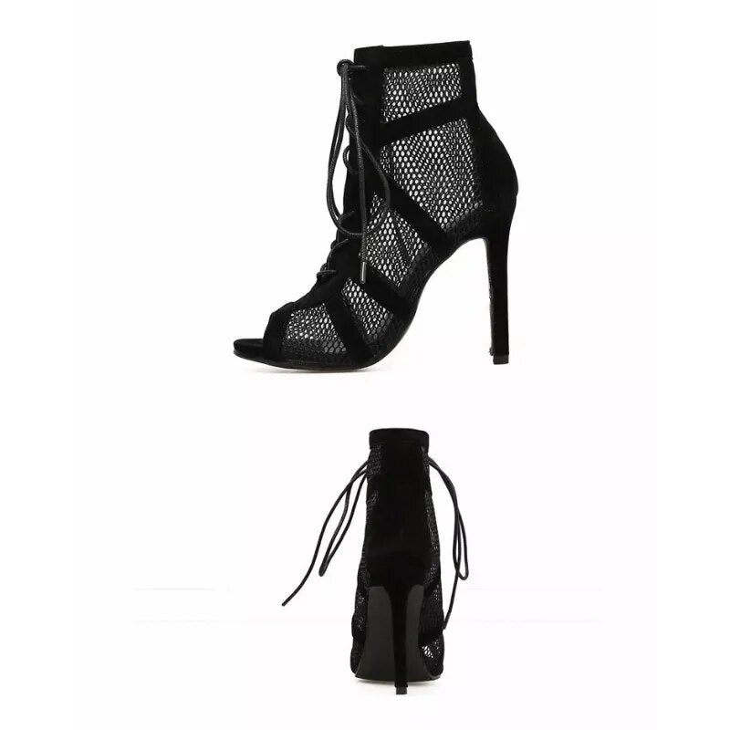 New Fashion Show Black Net Fabric Cross Strap Sexy High Heel Sandals Woman Shoes