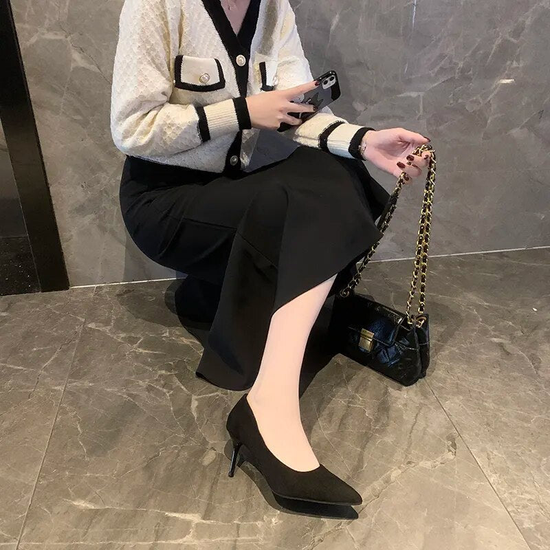 Women New Mid Heeled Sandals Black 6-8-10cm Pointed Thin Heeled Baotou Banquet High Heeled Shoes