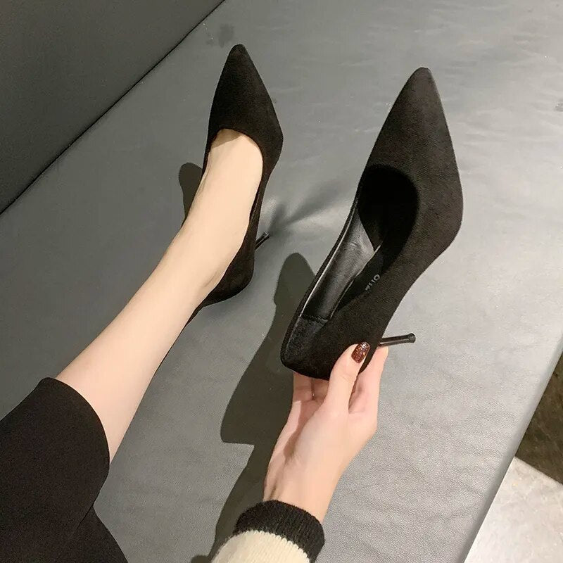Women New Mid Heeled Sandals Black 6-8-10cm Pointed Thin Heeled Baotou Banquet High Heeled Shoes